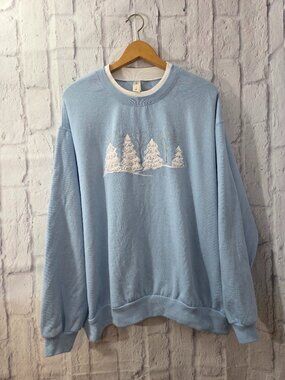 Morning Sun 2XL Light Blue Embroidered Pullover Sweatshirt Vintage Winter Casual